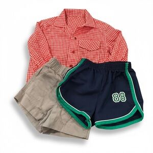 Vintage Boys Lot Long Sleeve Gingham Snap Button Shirt & Shorts 5T